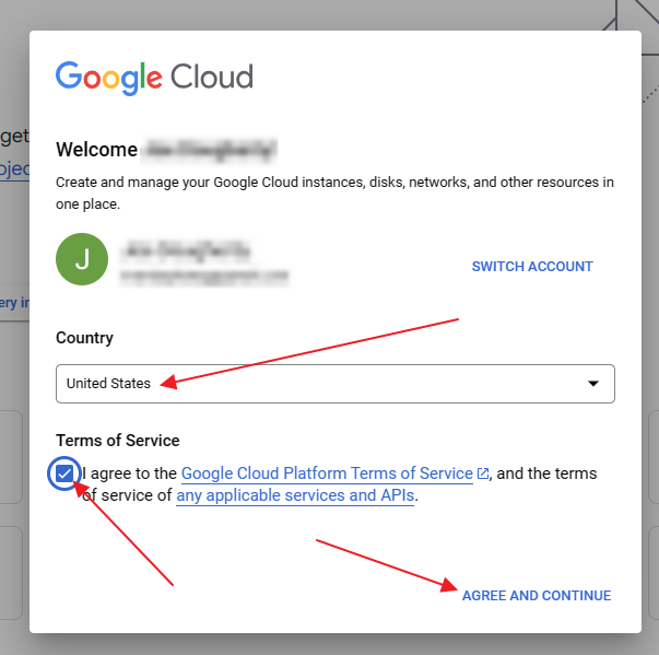 A screenshot of the Google Cloud popup for accepting the Terms of Service and selecting your country.